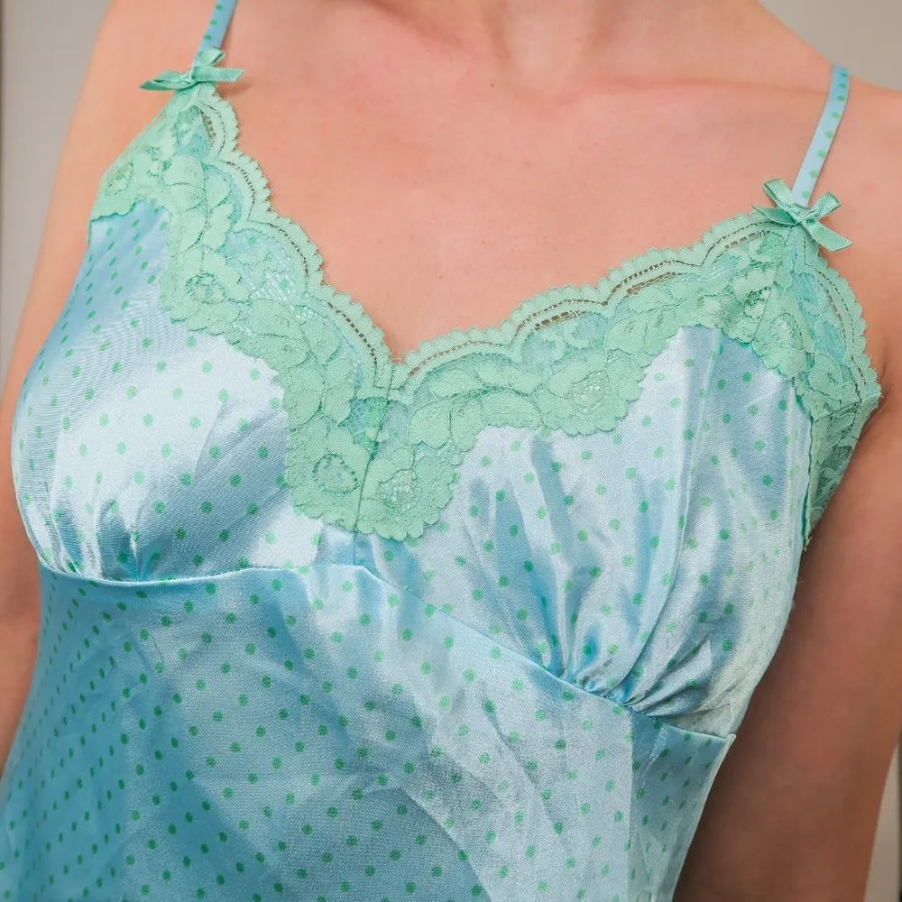 Vintage Alfani Intimates Light Blue and Mint Green Polka Dot Lingerie Slip Dress - Image 2