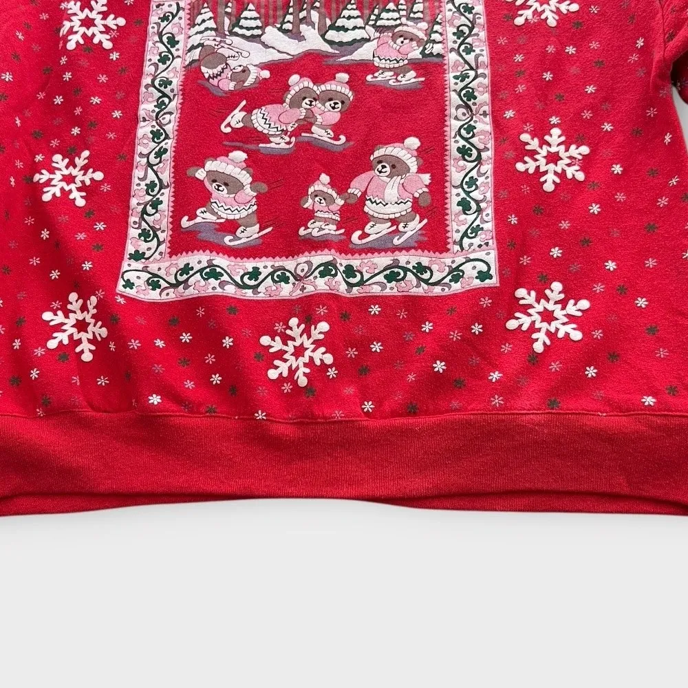 Vintage 90s Spumoni by Franko Christmas Skating Bears Sweatshirt Women's Medium Red - Image 8