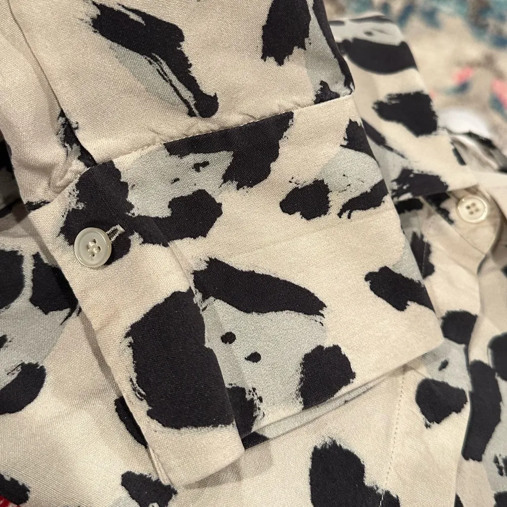 Lafayette 148 Scottie Silk Animal Print Leopard Black Cream White Blue Blouse M Size M - Image 6