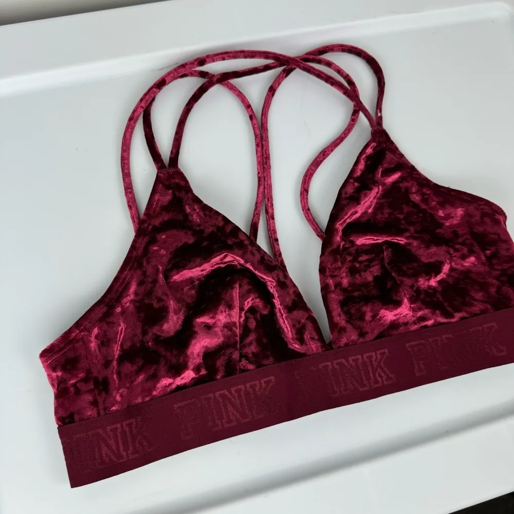 PINK Victoria’s Secret Velvet Bralette Bra Sz Large Maroon Berry Vneck - Image 9