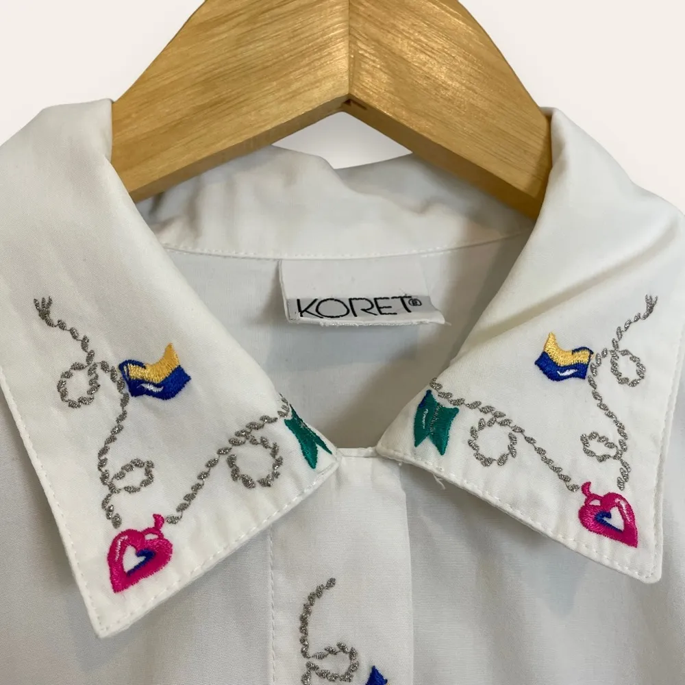 Vintage Embroidered Top Flag Bunting Banner White Long Sleeves Blouse Shirt Cute Size M - Image 7