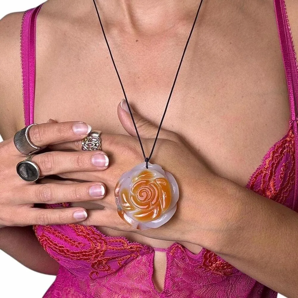 Women's Pink Jade Flower on Leather Cord - Image 2