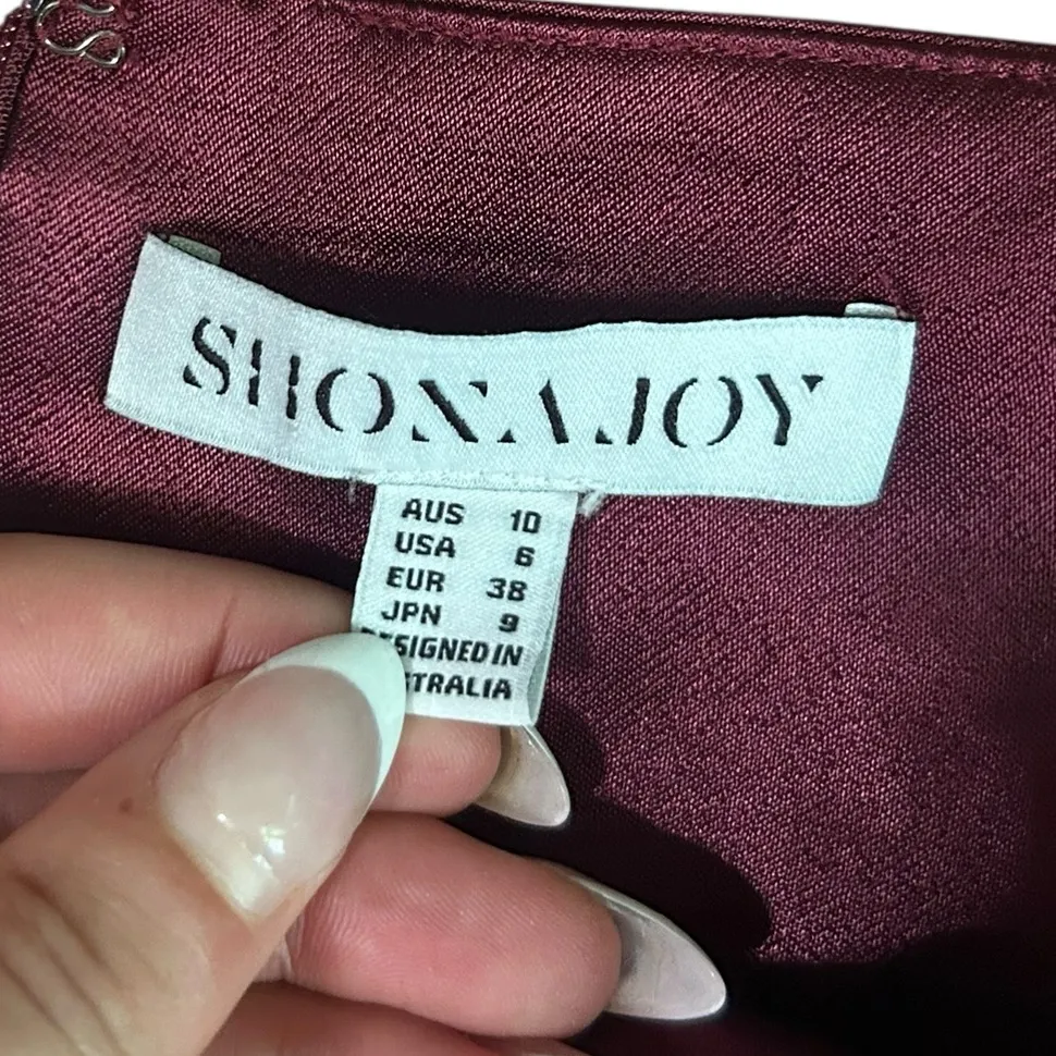 Shona Joy Burgundy Satin Wrap Maxi Dress Side Slit V Neck Size 6 - Image 5