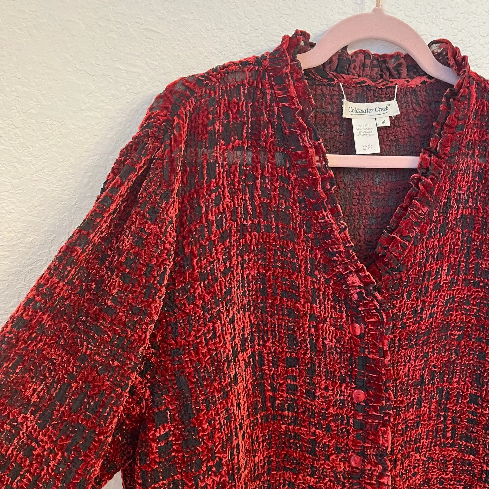 Coldwater Creek Velvet Burnout Cardigan 1X Deep Red Ruffle Trim Whimsigoth Sheer - Image 4