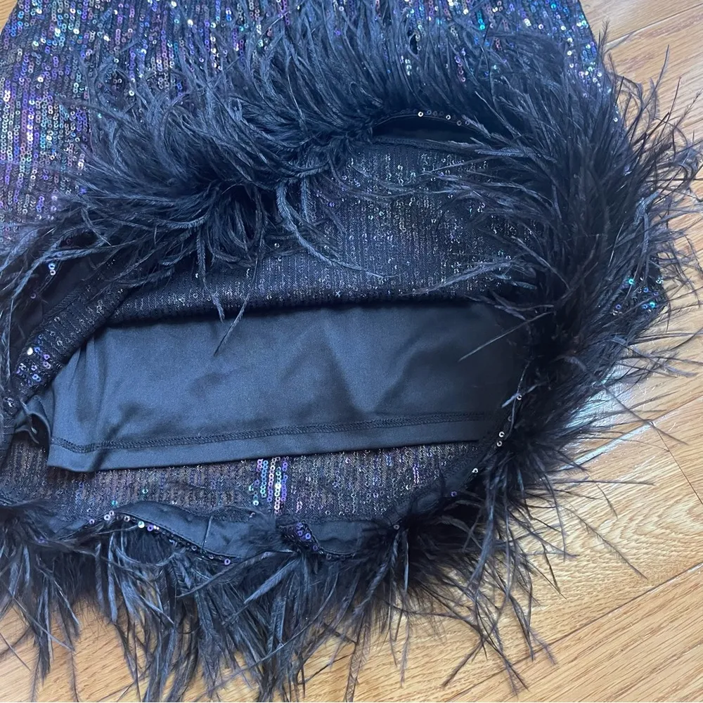 Eliza J Mock Neck Feather Hem Blouson Waist Sequins Sleeveless dress black 10 - Image 12