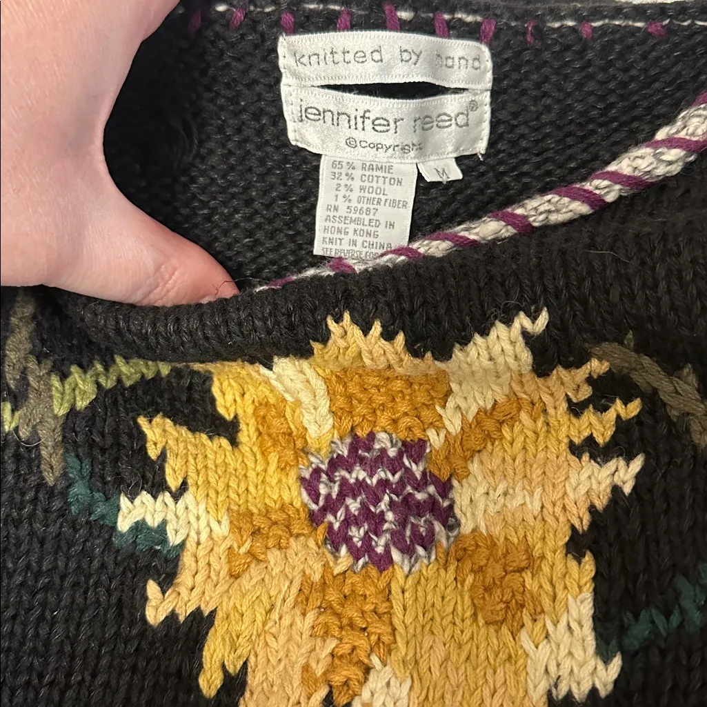 Jennifer Reed Vintage Hand Knit Floral Knit Sweater Black Size M - Image 4