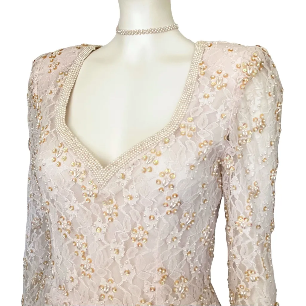 Vintage 80s Ivory Lace Pearl Beaded Sequin Peplum Dress XS Bridal Off White NWT - Image 10