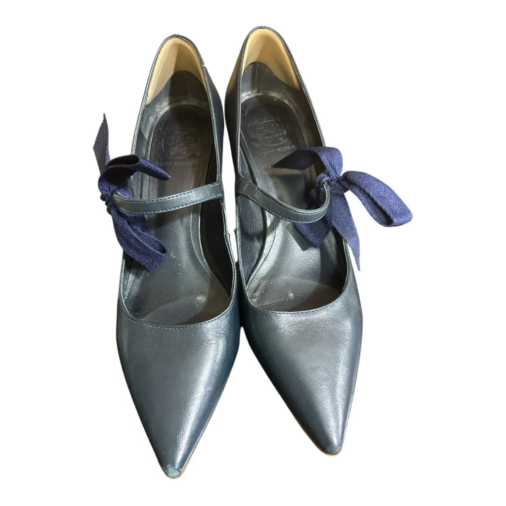 Tory Burch Blue Leather Pointed Toe Kitten Heel with Bow Detailing - Image 3