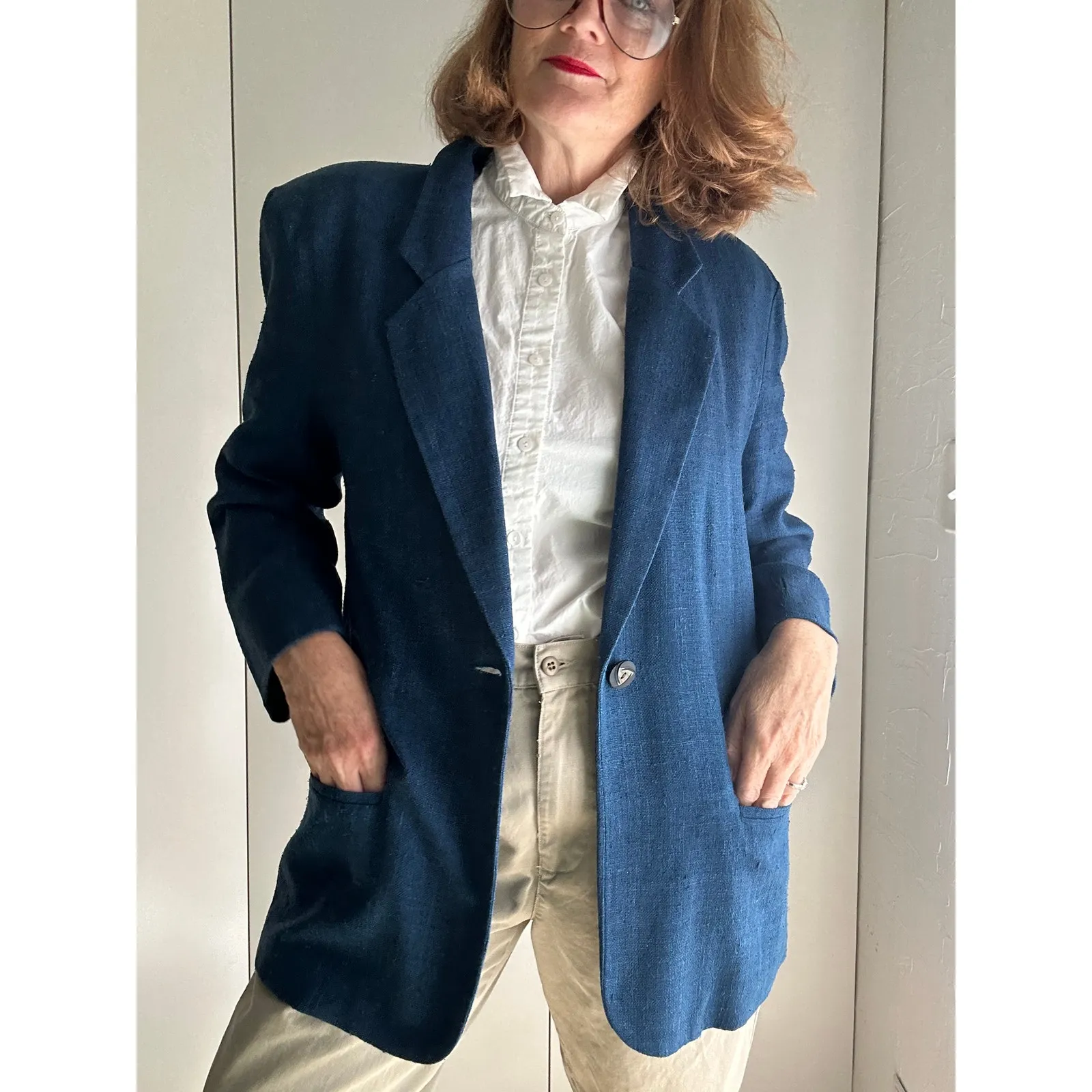 Vintage Silk Women's Blazer Denim Blue Size 8 Classic Business Layering 90s Era - Image 5