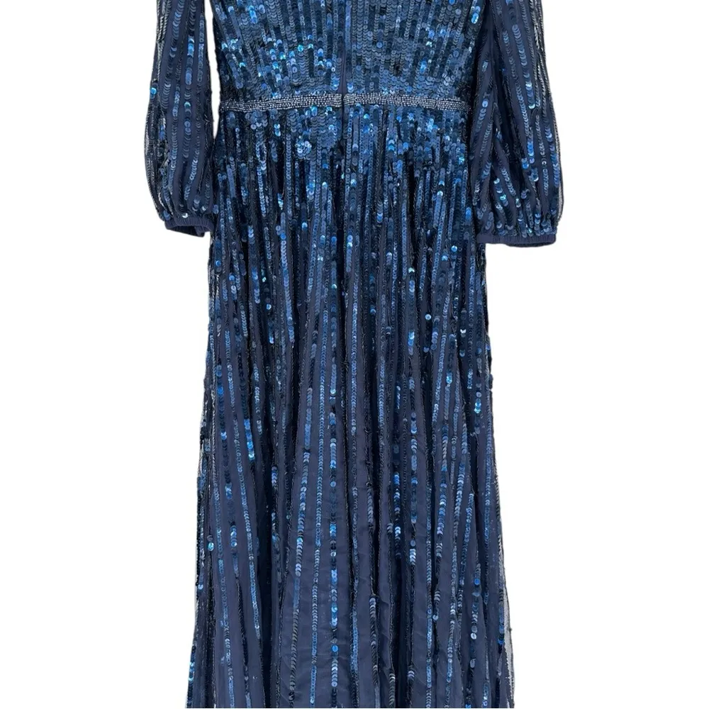Mac Duggal Dark Blue Sequined Wrap Over 3/4 Sleeve Gown Navy size 4 Evening 5509 - Image 7