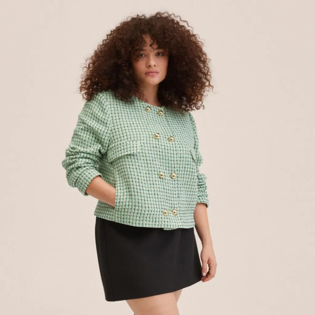 Mango NWT MNG Double-breasted tweed jacket Green Medium - Image 3