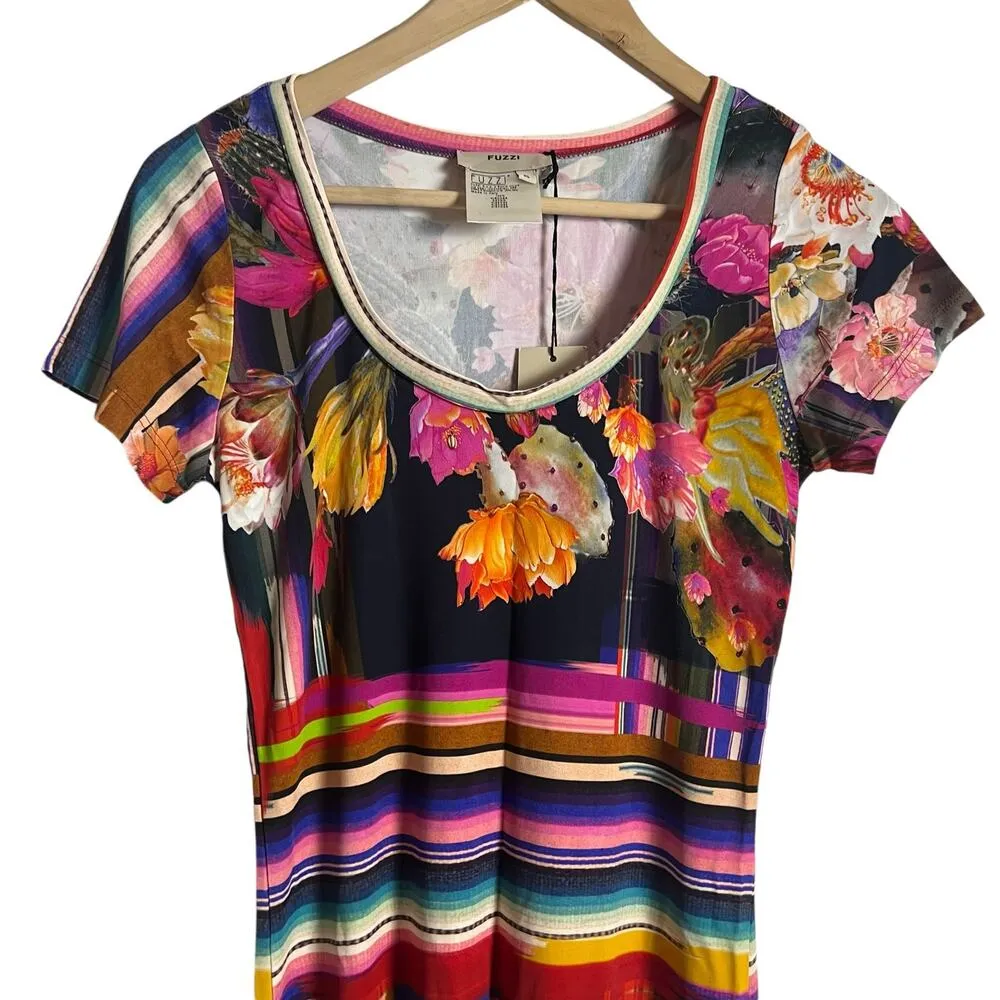 Fuzzi Striped Floral Multicolor Short Sleeve Scoop Neck Jersey Maxi Dress Size S Black - Image 2