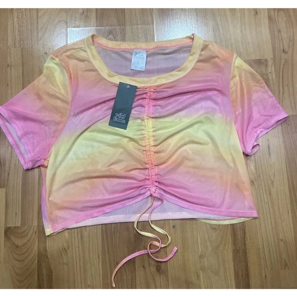 Wild Fable Mesh Drawstring Ruched Cover Up Top Pink/Yellow Women's XL NWT - Image 5