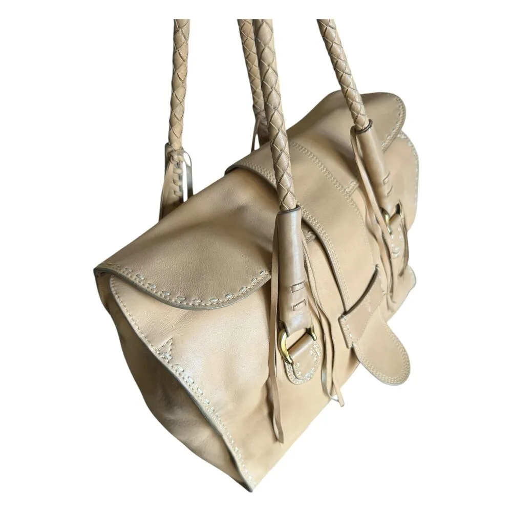 Vintage Frye braided handles tassel Boho leather shoulder bag Apricot color - Image 6