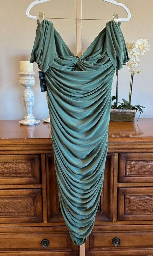 Norma Kamali Walter Midi Dress Green XL NWT Off Shoulder Ruched Elegant - Image 5