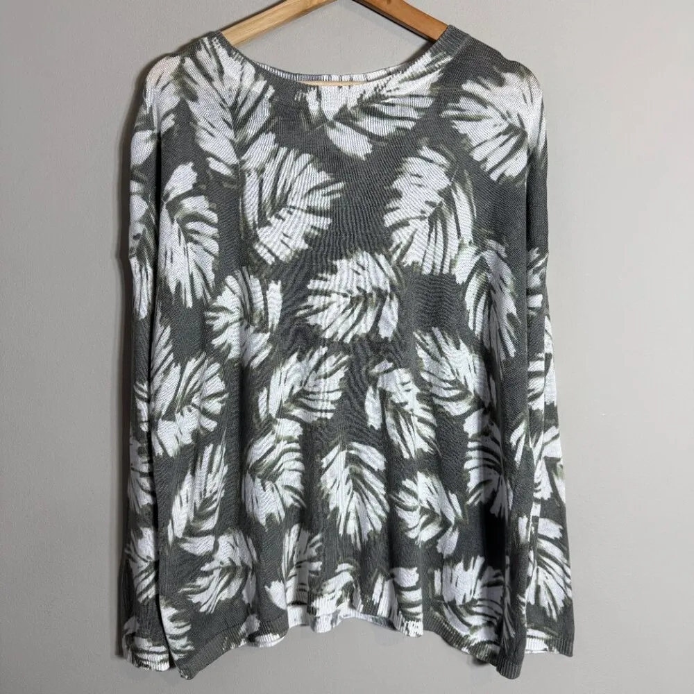 J.Jill  Linen Palm Leaf Print Sweater Pullover Women's Medium Green Tropical - Image 4