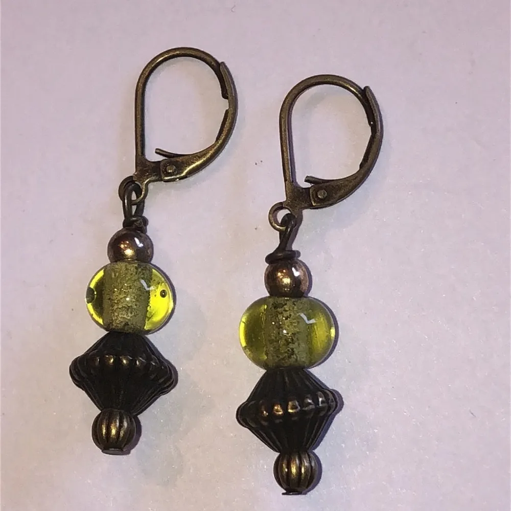 Vintage Style Light Green and Bronze Earrings Yellow - Image 4