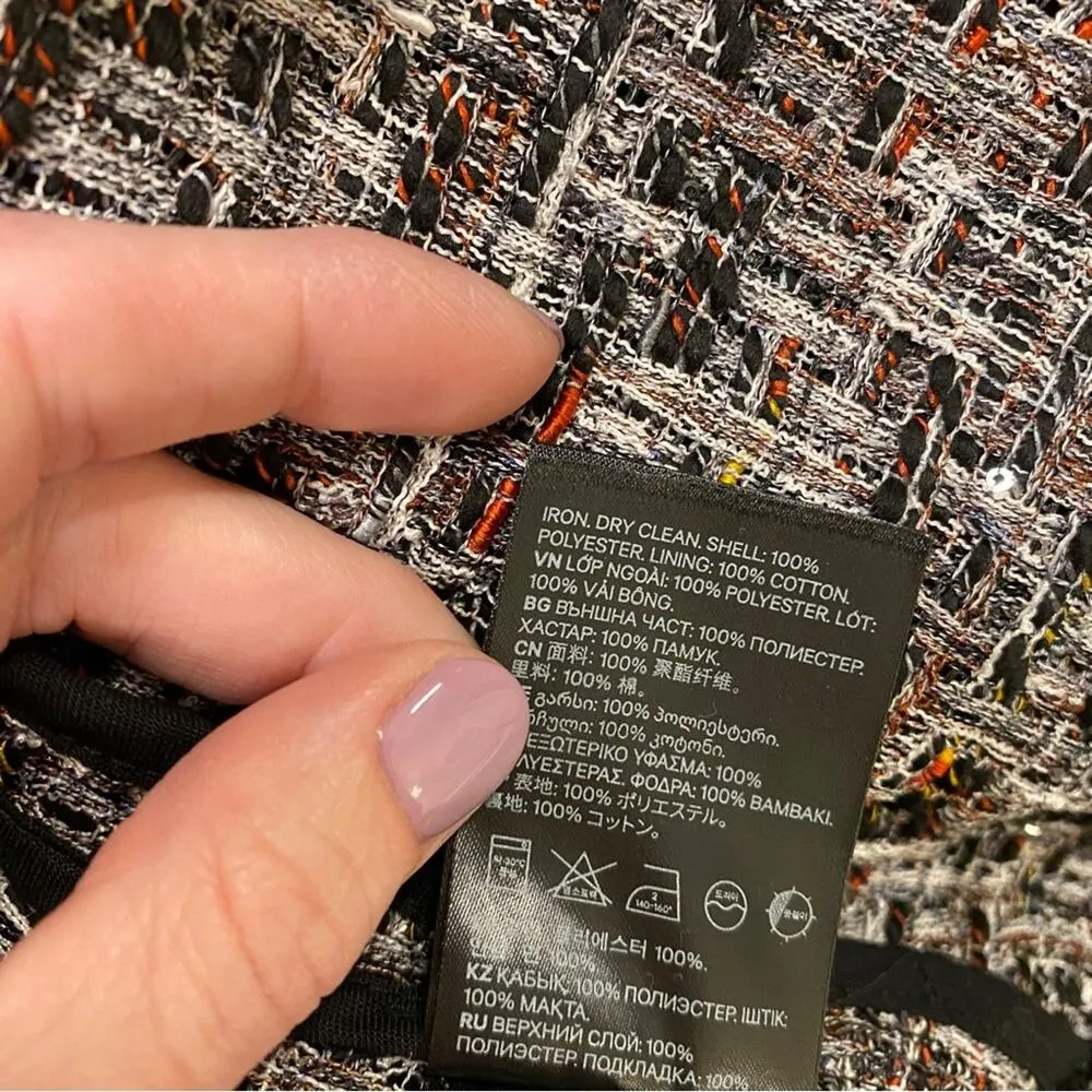 H&M  Frayed Tweed Sequin Cropped Jacket Open-front Blazer Size 6 - Image 10