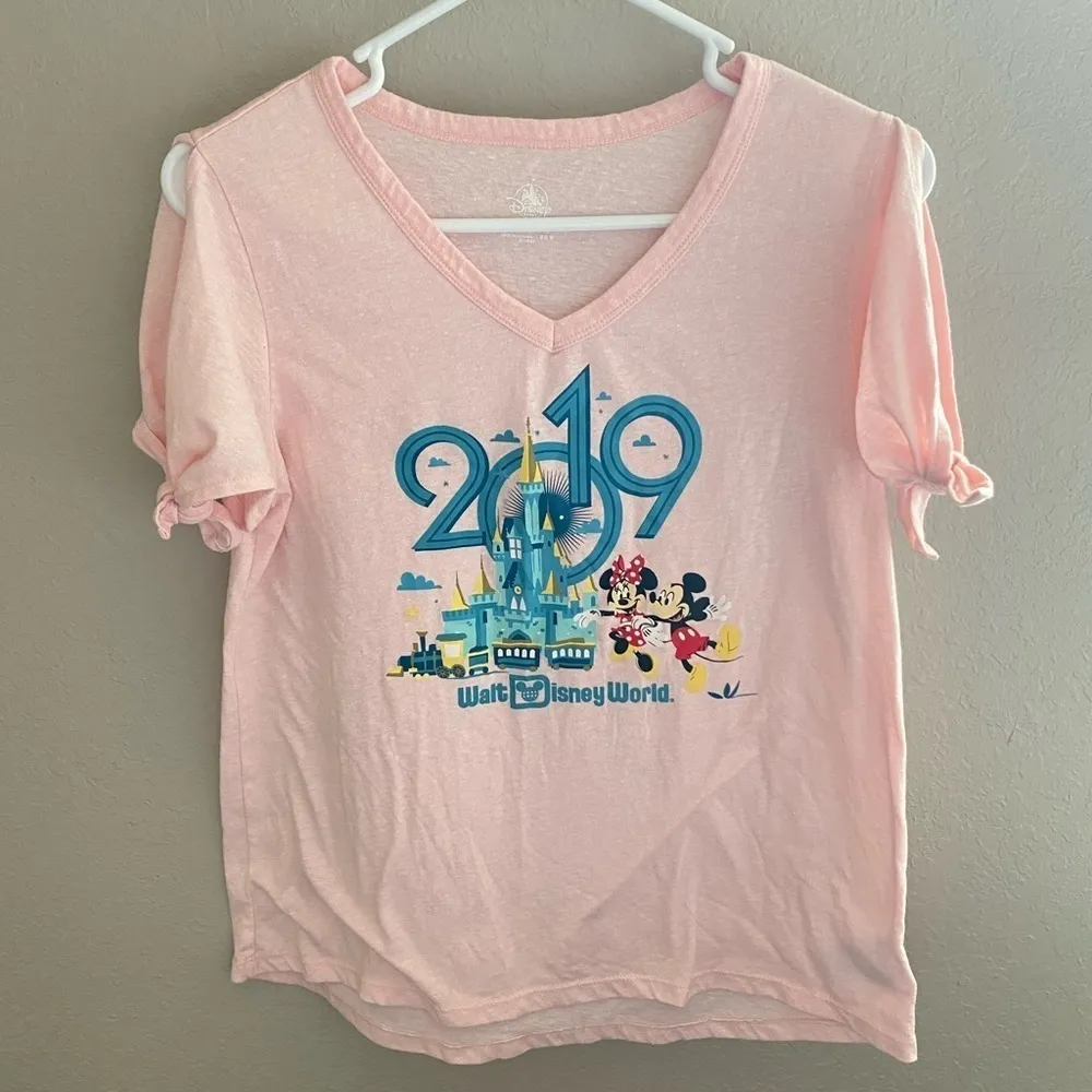 Walt Disney World Parks 2019 Pink Castle Mickey Minnie Tie Sleeve Shirt Top S - Image 2