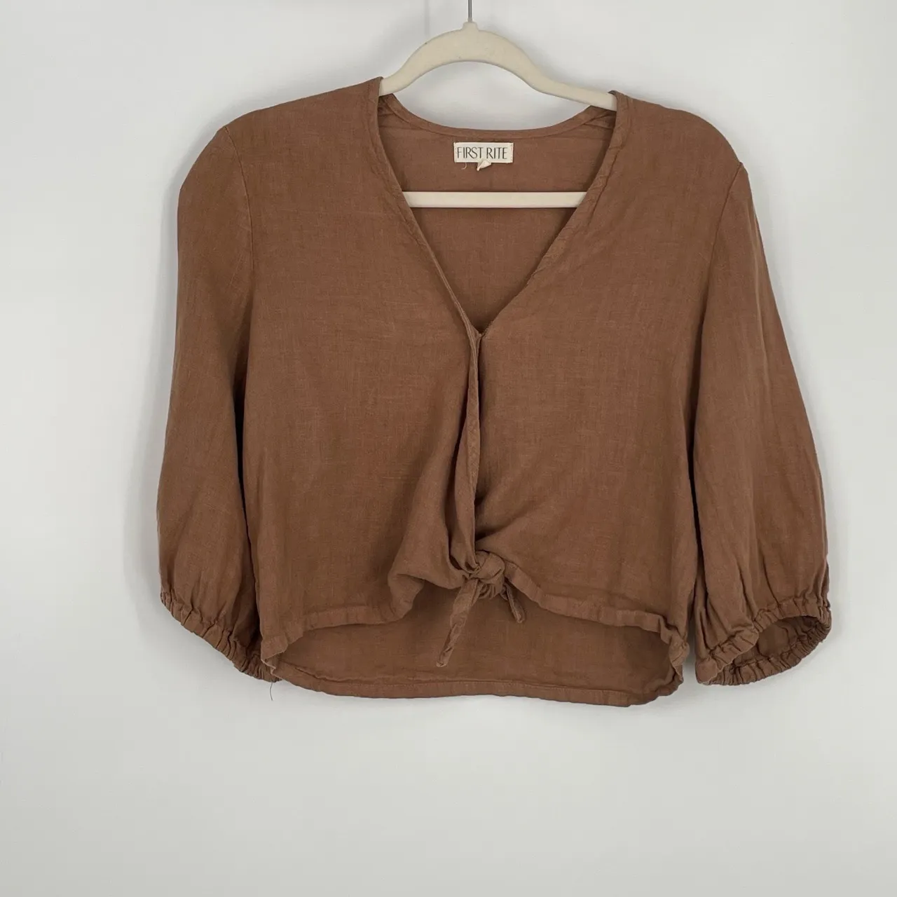 First Rite Women's‎ Brown Linen Tie Front V - Image 3