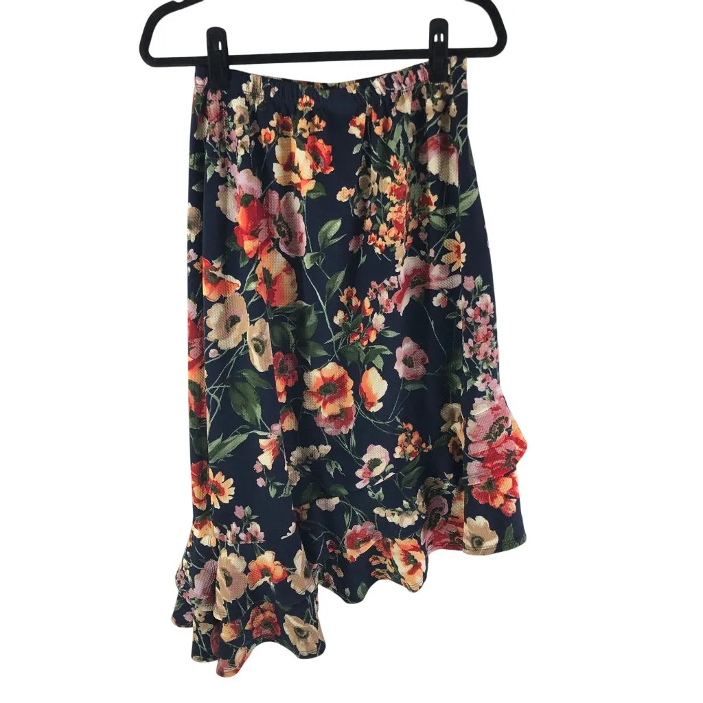 Bobeau Midi Skirt Pull On Asymmetric Ruffle Floral Stretch Navy Blue M - Image 2