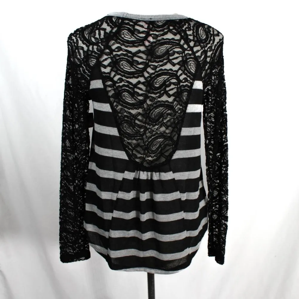 NWT Long Sleeve Black Light Gray Stripe Long Sleeve with Lace Detailing - Image 3