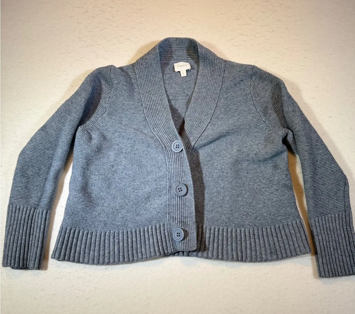 CYRUS Women's Blue Knit Cardigan Button Front Shawl Collar Sweater Size L - Image 1