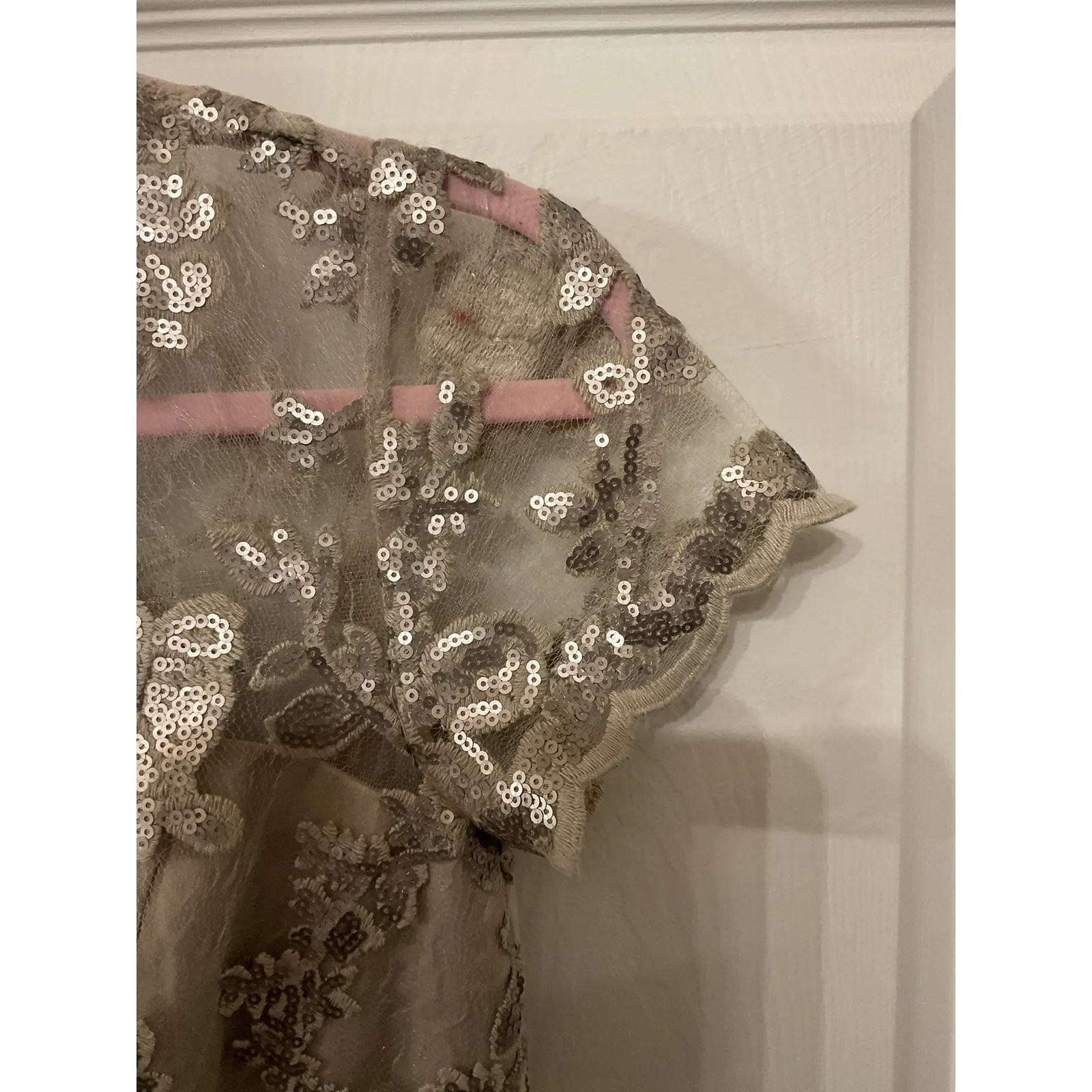 Oleg Cassini Lace Applique Cap-Sleeve Long Sheath Formal Gown in Champagne, 6 - Image 11