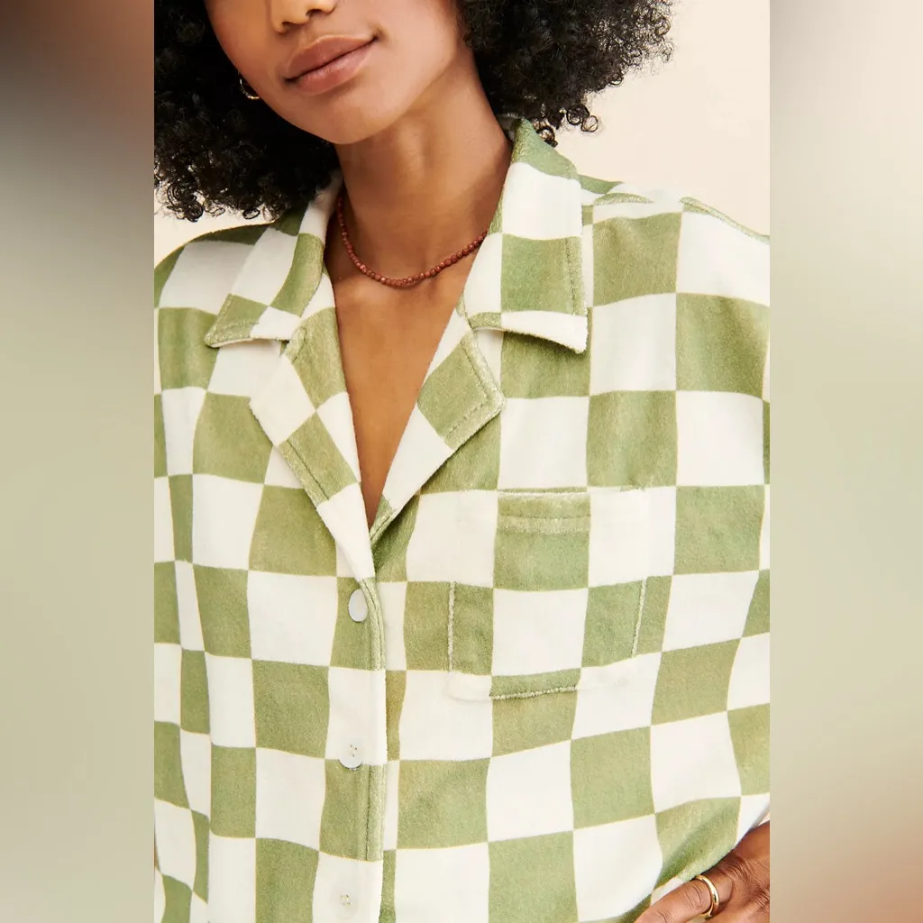 ONA Checker Terry Oversized Button Down Greyed Olive Small - Image 3