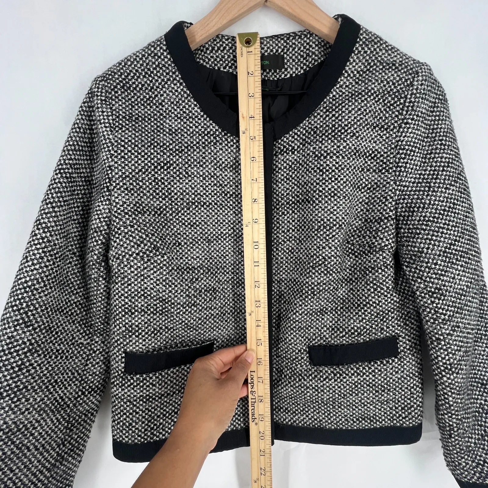 Stile Benetton Blazer Womens S Black White Tweed Casual Office Work Snap Front - Image 11