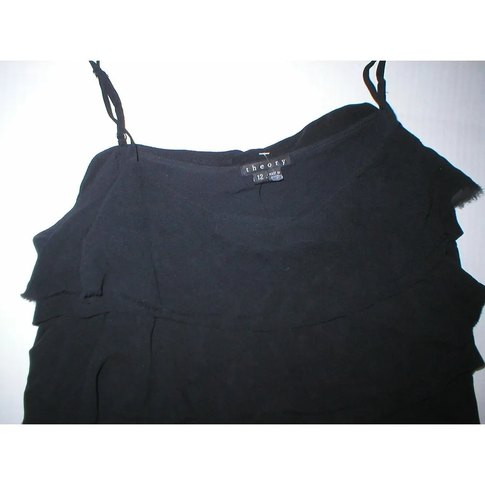 New Womens NWT Dress 12 Theory Black Designer Silk Ruffles Tiered Adjust Straps - Image 5