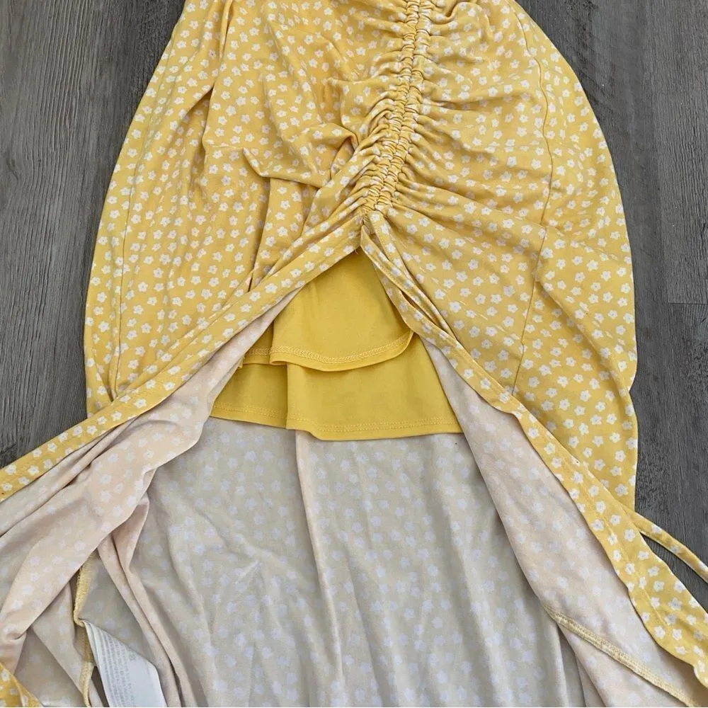 Hollister Midi Dress Cinched Yellow White Floral Adjustable Small Stretch - Image 5
