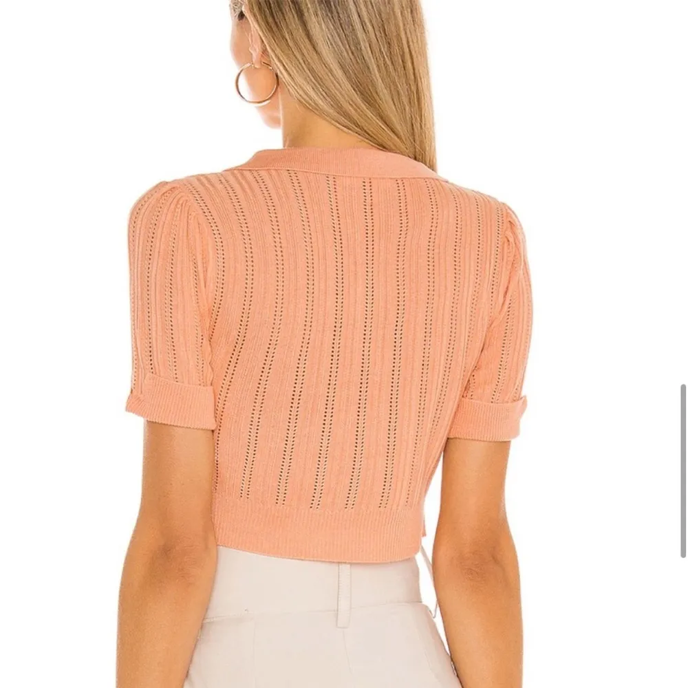 NWT  Phoebe Pointelle Cropped Polo Sweater Pastel Peach Preppy - Image 3