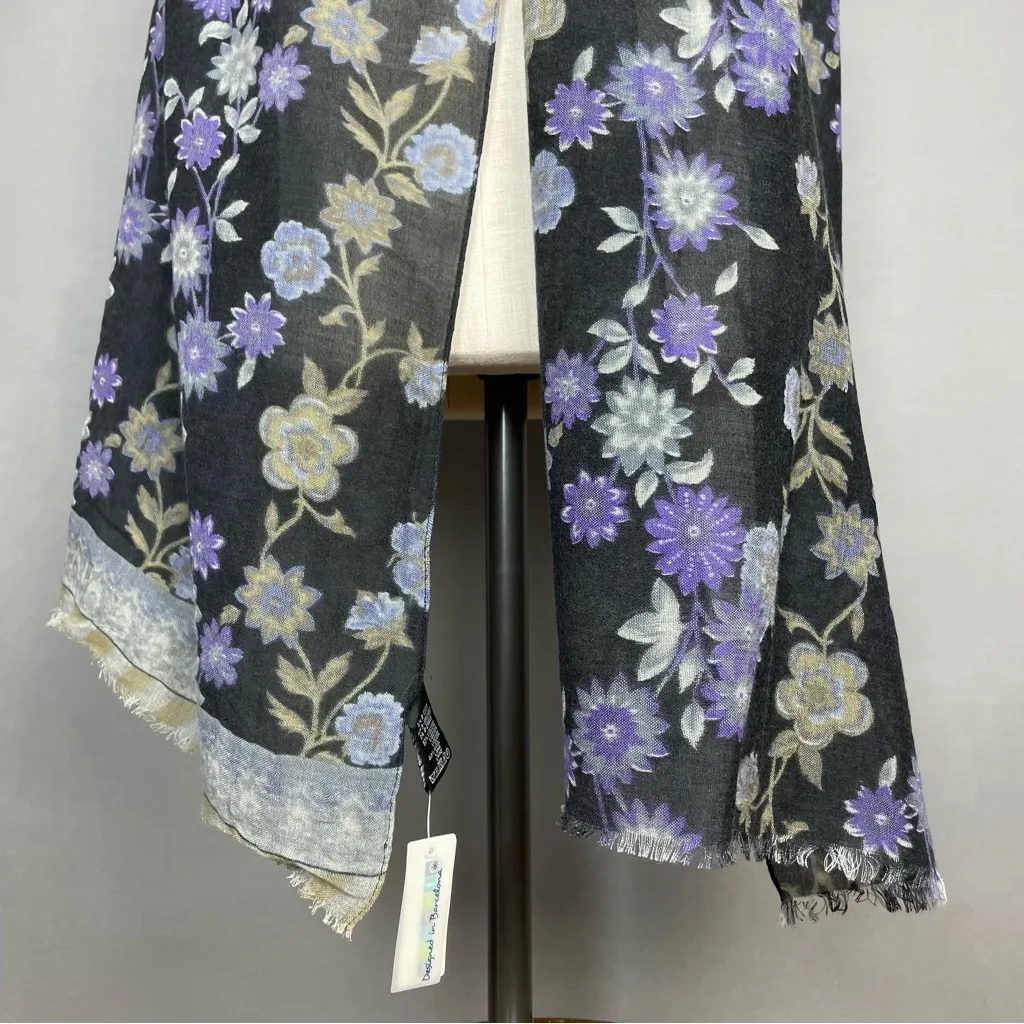 Vivante Scarf Floral Gray Gauzy Viscose Wool FLAWS NWT Raw Edge‎ Fringe Boho - Image 5