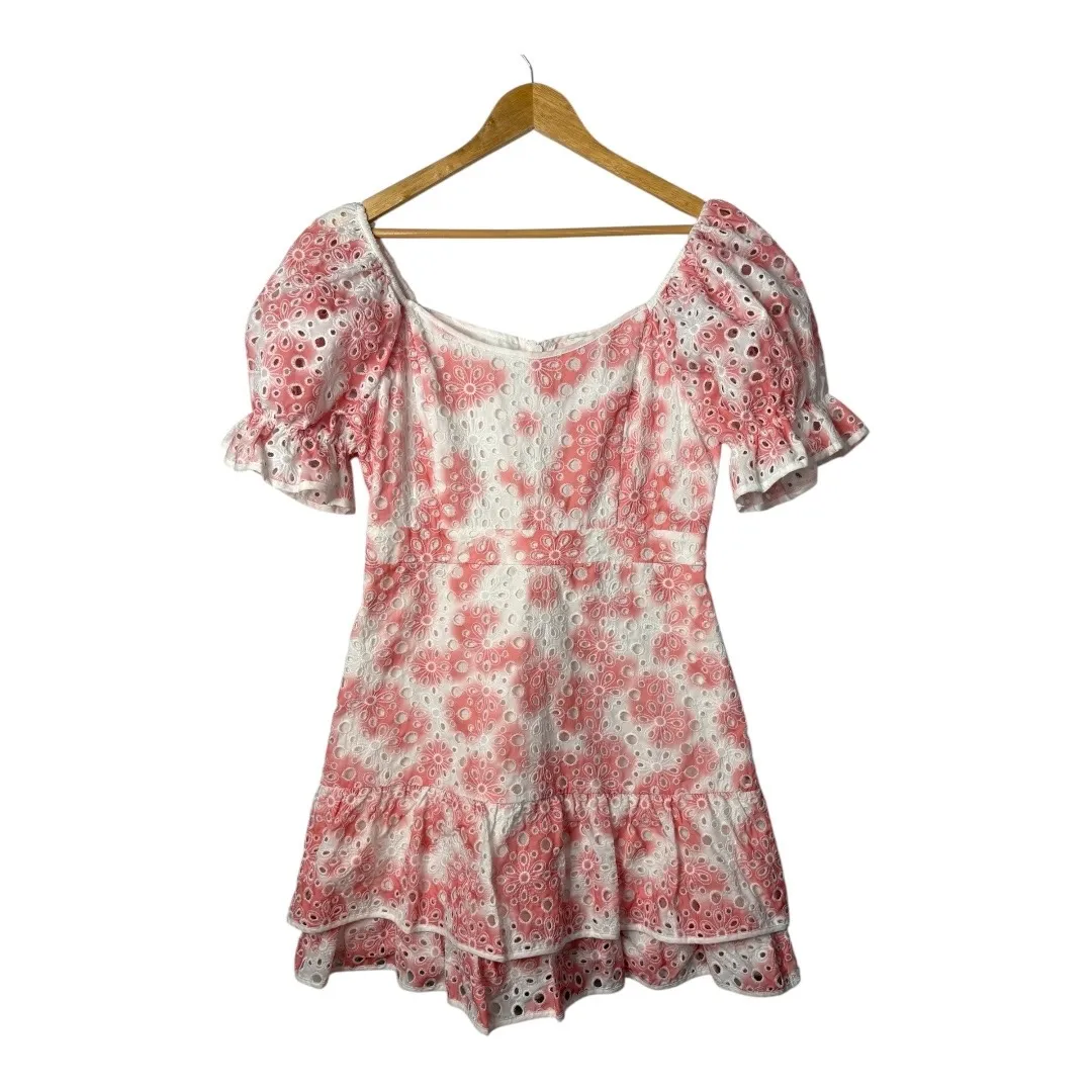 Stellah Pink Floral Eyelet Puff Sleeve Ruffle‎ Tiered Mini Dress Size Medium - Image 3