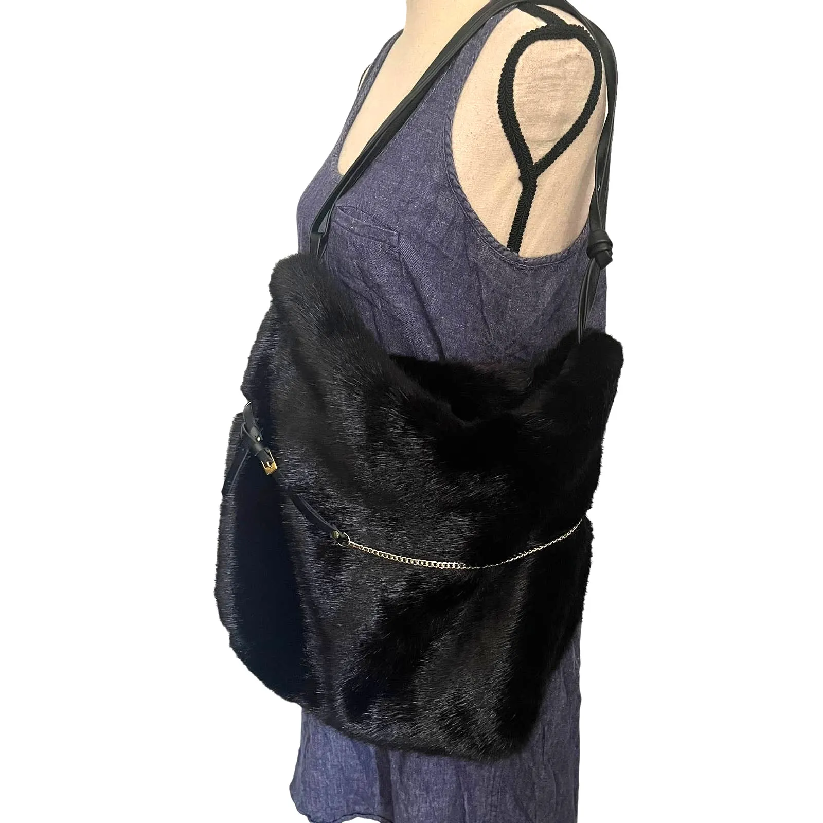 Beatrice B Italy Faux Fur Shoulder Bag Black Y2K Slouchy Edgy Indie Festival - Image 2