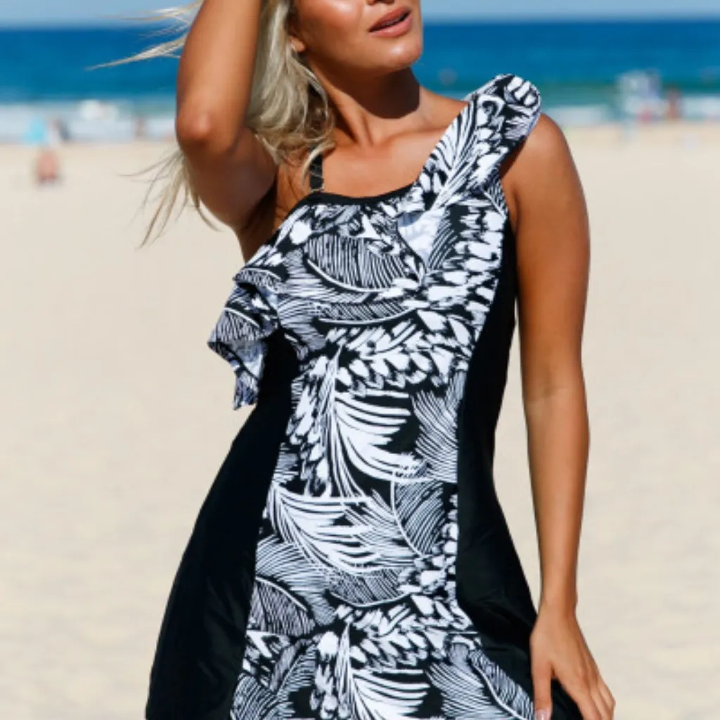 2HP💝 1shoulder skirted ruffle swim dress sz sm Black - Image 4