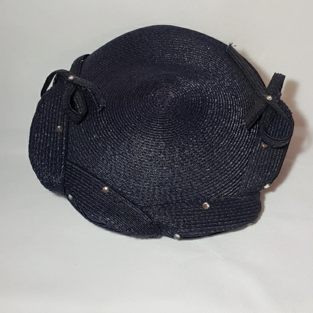 Vintage navy straw weave hat with bows and rhinestones Blue - Image 6