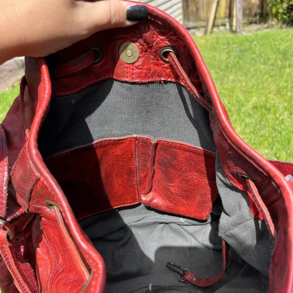 Frye Brooke Red Leather Studded Distressed Drawstring Bucket Bag - Image 6