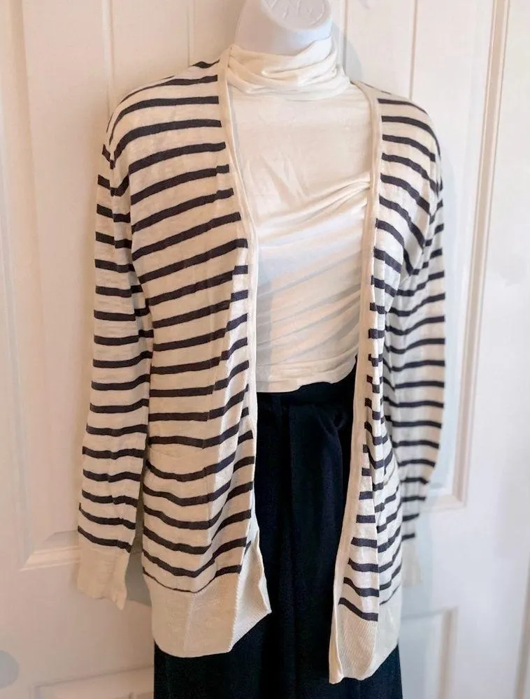 Ann Taylor Navy Blue & White Knit Stripe Sweater Cardigan in EUC Sz Small - Image 2
