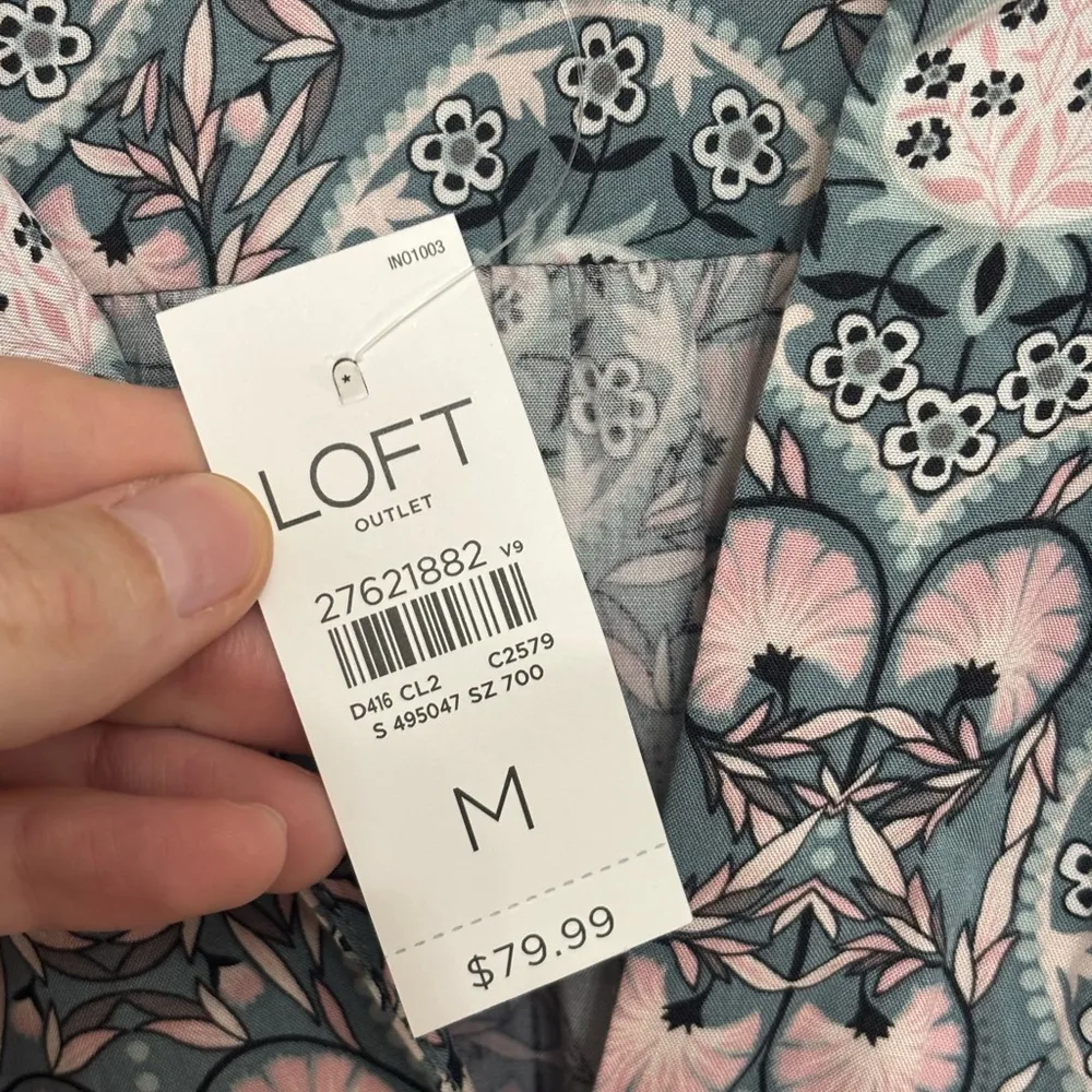 NWT LOFT Popover Tie Waist Shirt Dress in Blue and Pink Geometric Print - Size M - Image 6