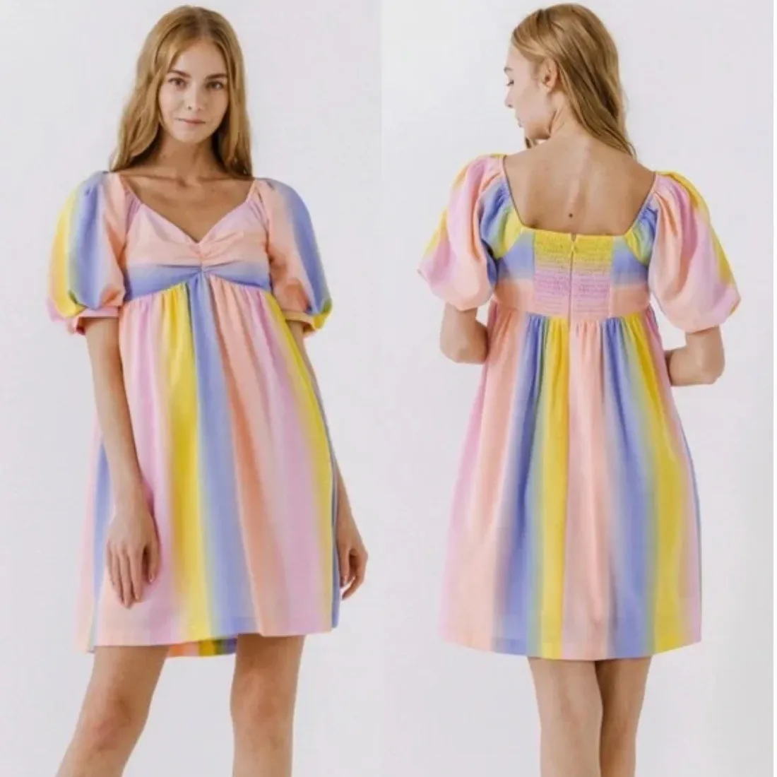 English Factory‎ Women's Rainbow Striped Puff Sleeve Babydoll Dress Size Medium - Image 2
