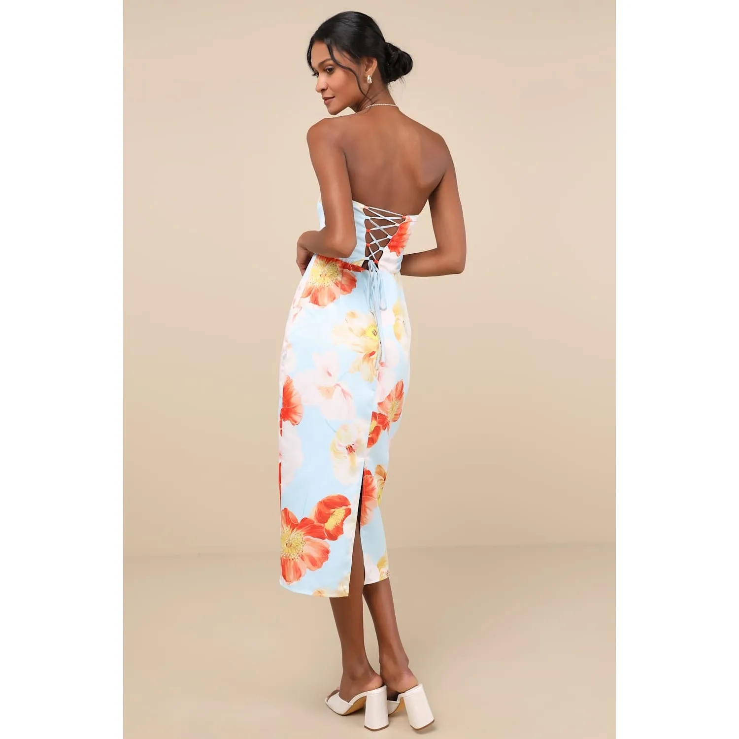 NWT Lulus Oriana Light Blue Floral Satin Strapless Midi Dress Cocktail Formal M - Image 3