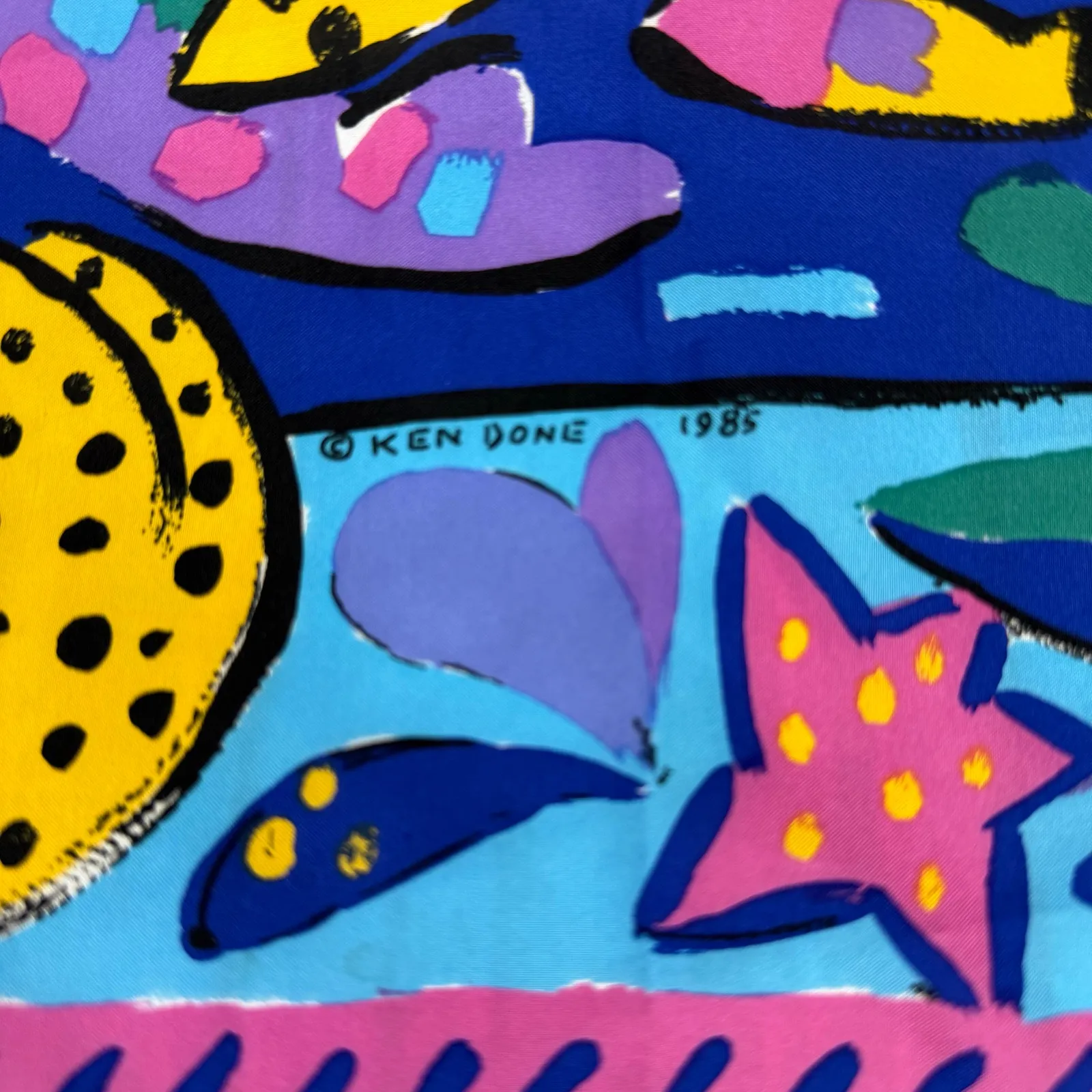 Ken Done Vintage Scarf Below The Sea Tropical Made in Japan Bright 1985 Fish Blue - Image 6