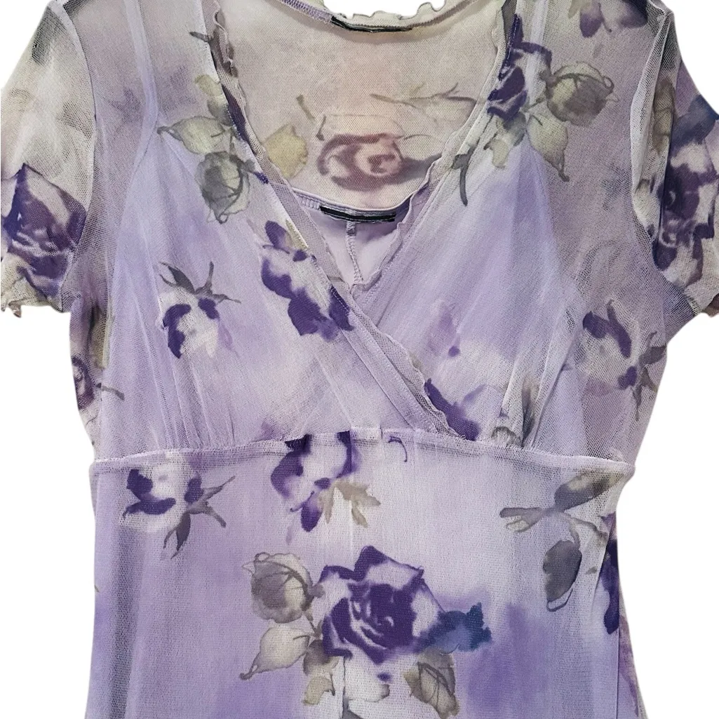 Vtg Y2K Babydoll Maxi Dress Mesh Floral Fairy Feminine WhimsiGoth Grunge Size S Purple - Image 5