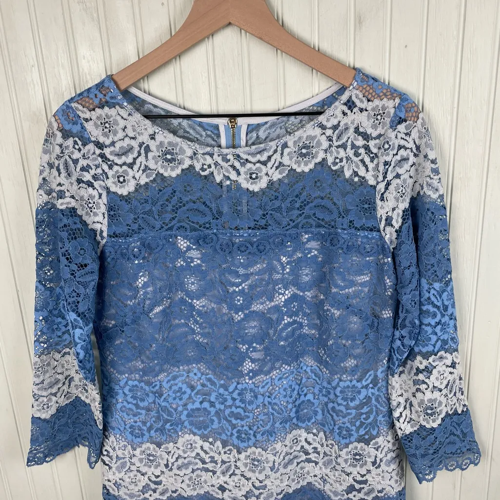 Eliza J Blue White Scallop Lace Overlay Shift Dress Women's Size 8 Knee Length - Image 3