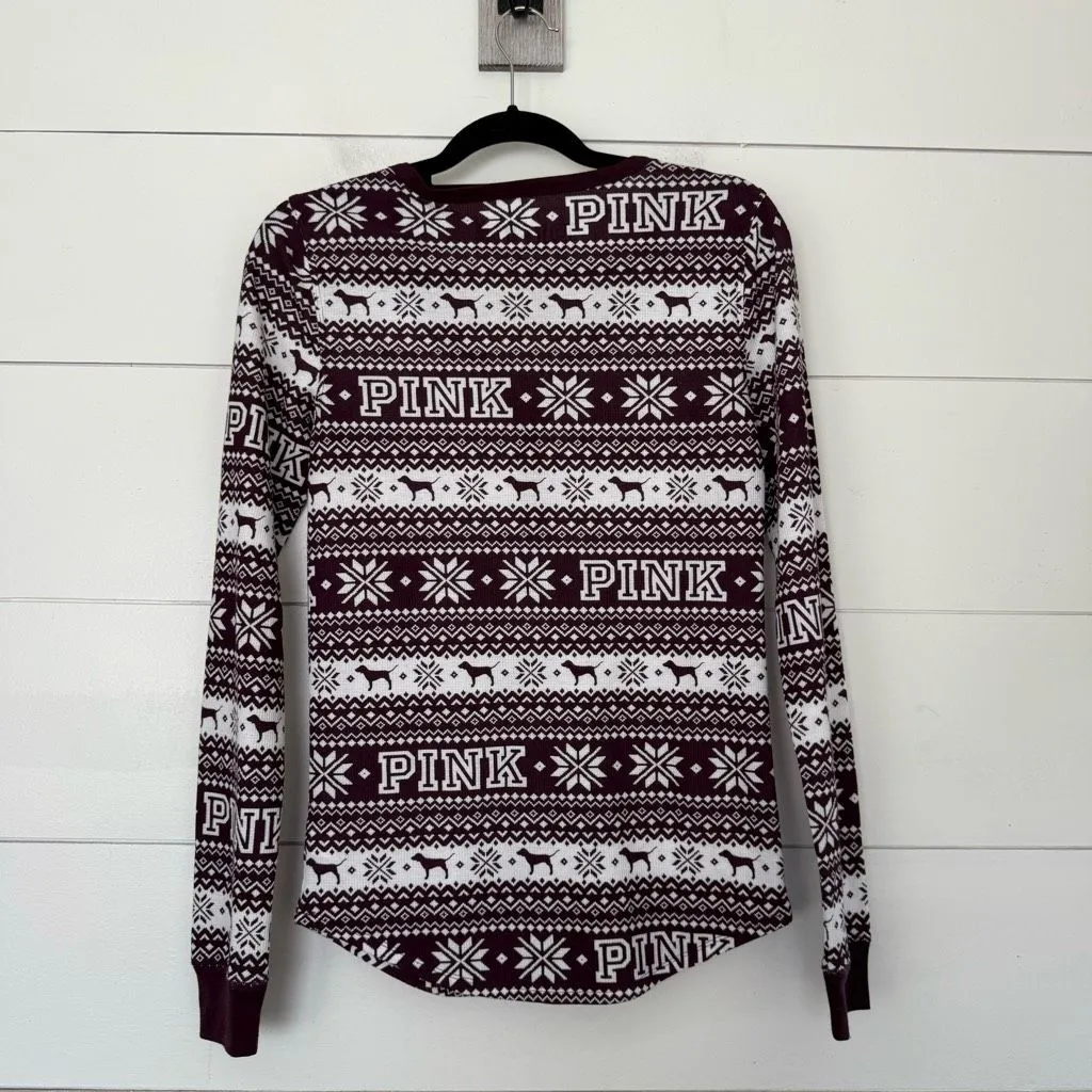 Victoria’s Secret Pink Women’s Medium Maroon Fair Isle Thermal Top - Image 3