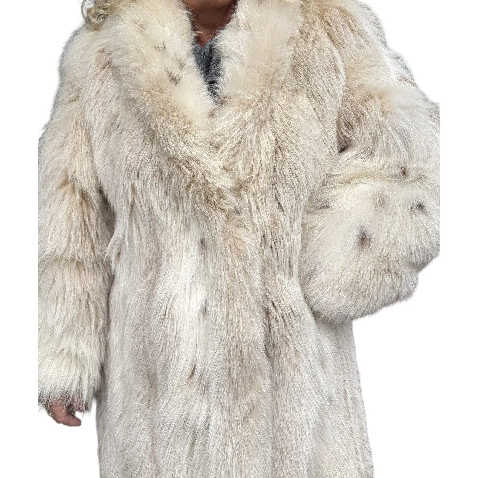 Vintage Women’s 100% White Cream Fox Fur Coat with Spots Après - Image 5