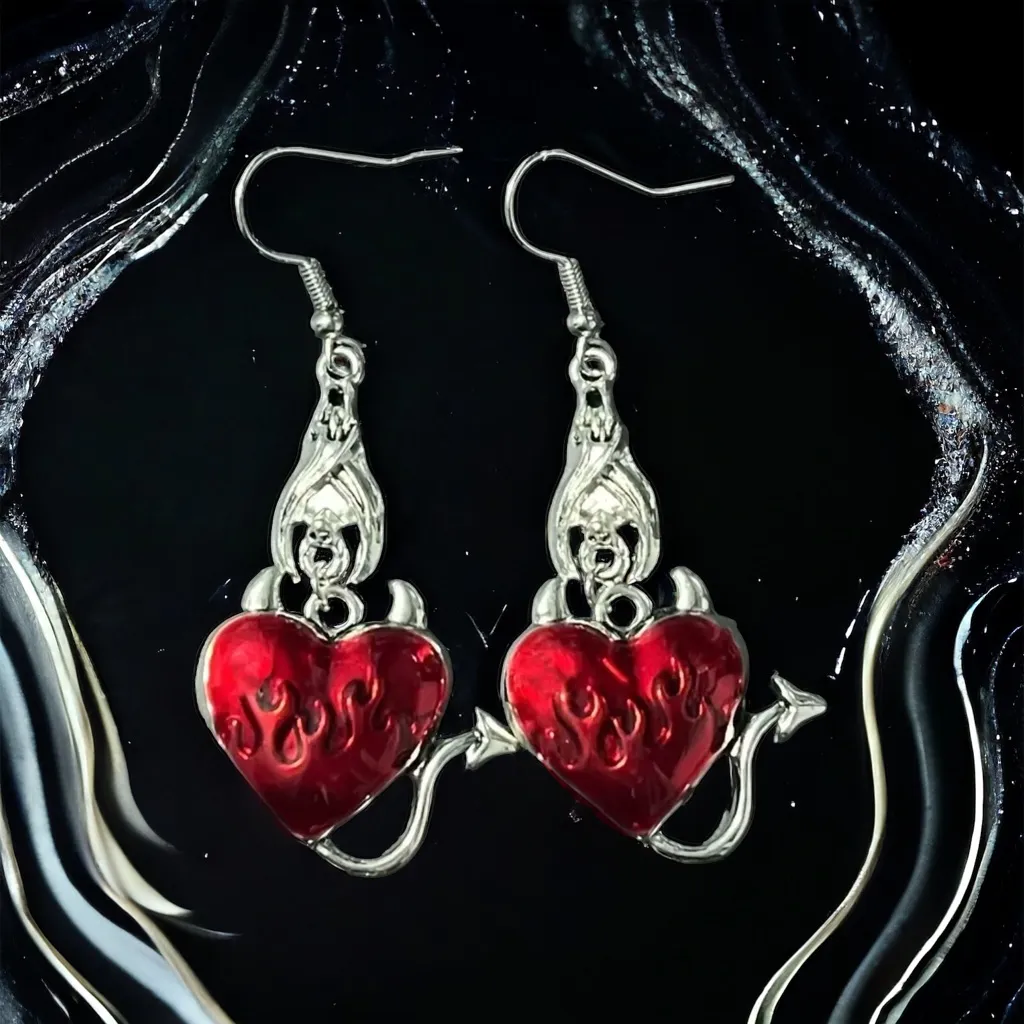 Gothic Bat Heart Shaped Devil Design Silver/Red‎ Zinc Alloy Dangle Earrings Silver - Image 4