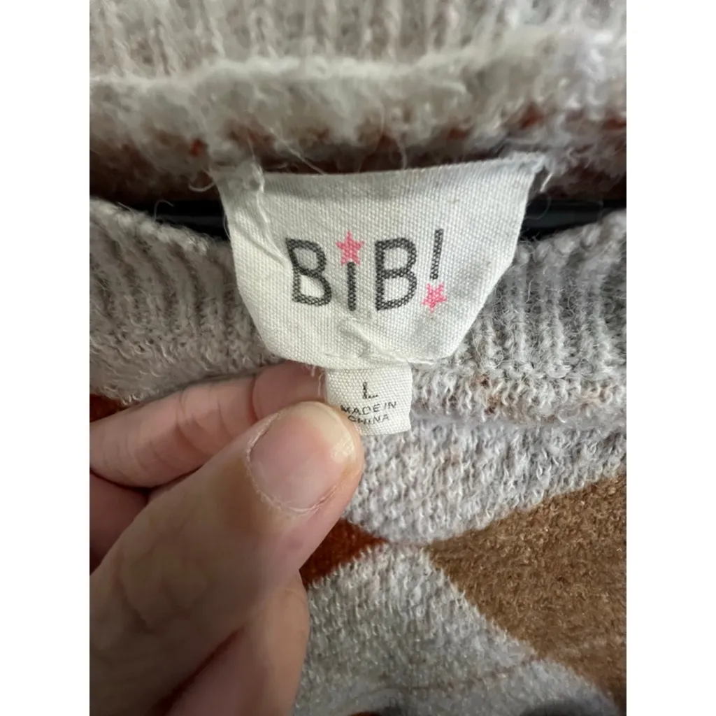 Bibi Cream And Orange Argyle Plaid Fall Knit Pullover Sweater Size L - Image 2